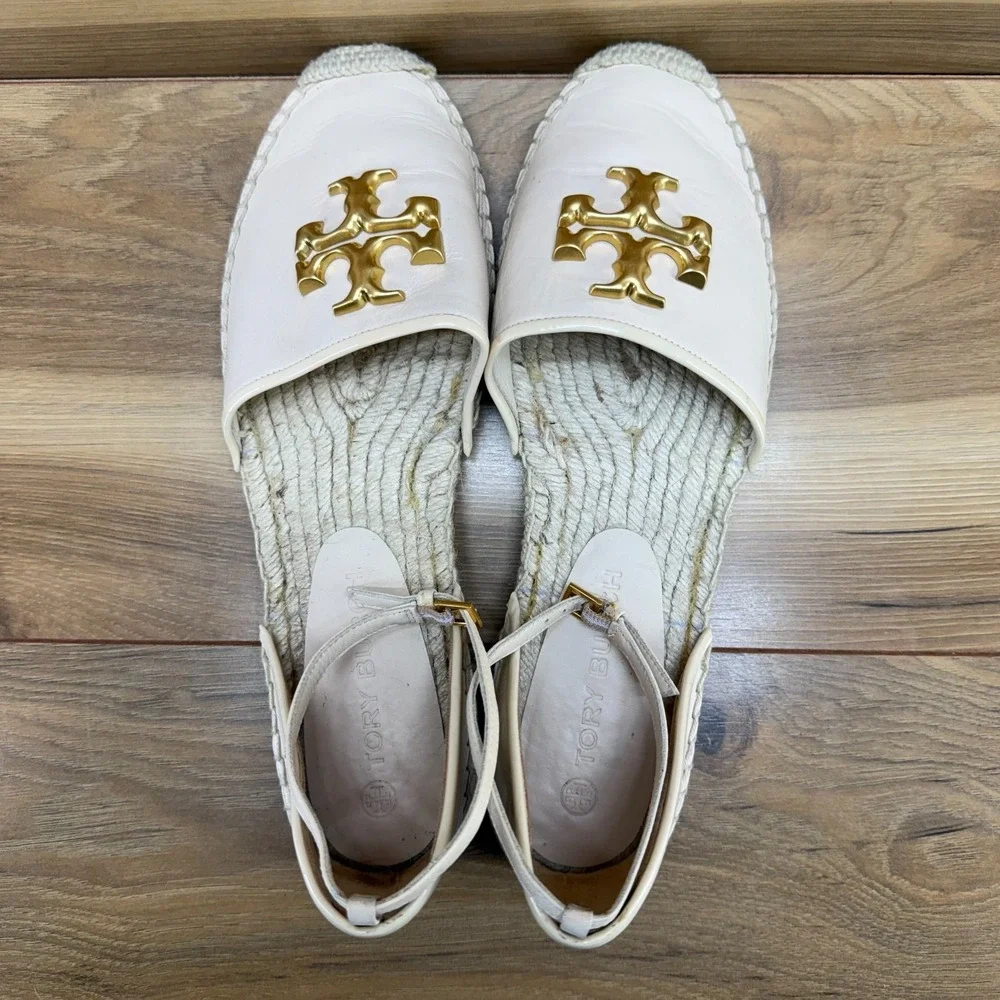 Tory Burch Eleanor Espadrille Flats 10 Cream Gold Logo Ankle Strap Resort Travel